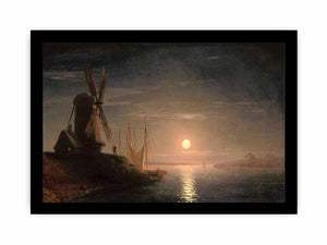 A windmill overlooking a moonlit bay