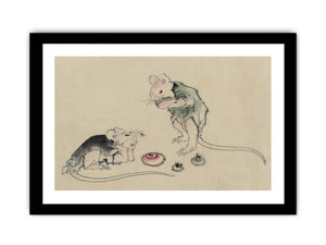 Two mice, one lying on the ground with head resting on forepaws