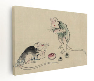 Two mice, one lying on the ground with head resting on forepaws