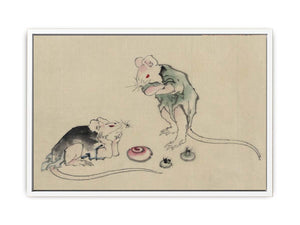 Two mice, one lying on the ground with head resting on forepaws