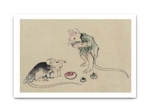 Two mice, one lying on the ground with head resting on forepaws