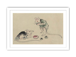 Two mice, one lying on the ground with head resting on forepaws