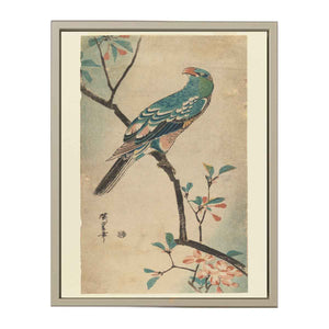 Green Parrot on a branch with red flowers