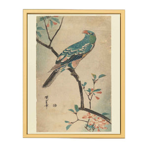Green Parrot on a branch with red flowers