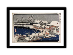 Snow at night a scene depicting a house river and ornamental garden under falling snow from the series 53 Stations of the Tokaido