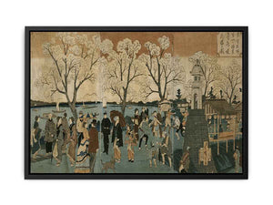 Japanese triptych print showing Japanese and foreign people walking along the Sumida River among cherry trees in full bloom
