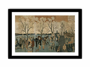Japanese triptych print showing Japanese and foreign people walking along the Sumida River among cherry trees in full bloom