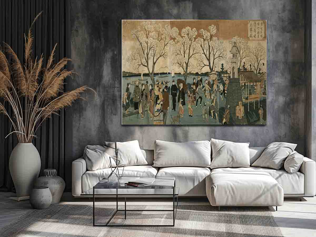 Japanese triptych print showing Japanese and foreign people walking along the Sumida River among cherry trees in full bloom