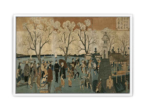 Japanese triptych print showing Japanese and foreign people walking along the Sumida River among cherry trees in full bloom