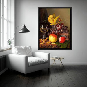 A Still Life of Black Grapes, a Peach, a Plum, Hazelnuts, a Metal Casket and a Wine Glass on a Carved Wooden Ledge
