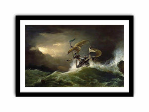 A First rate Man-of-War driven onto a reef of rocks, floundering in a gale