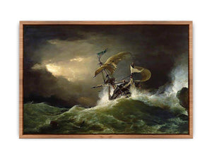 A First rate Man-of-War driven onto a reef of rocks, floundering in a gale