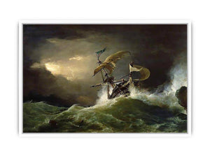 A First rate Man-of-War driven onto a reef of rocks, floundering in a gale