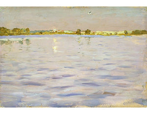 The last rays of the sun. A lake. Painting