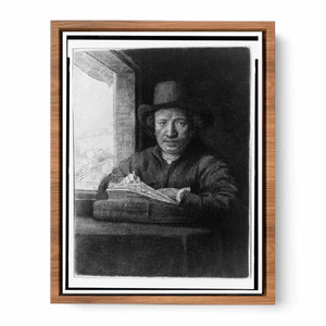 Rembrandt drawing at a window
Painting