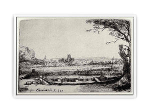 A Canal with a large Boat and Bridge Painting