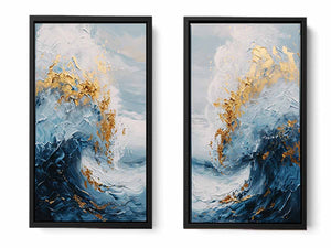 Gold Blue Abstract Waves Painting Set