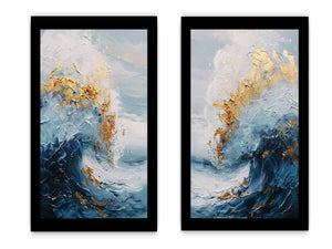 Gold Blue Abstract Waves Painting Set
