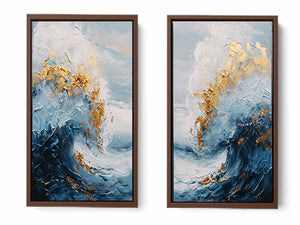 Gold Blue Abstract Waves Painting Set