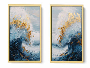 Gold Blue Abstract Waves Painting Set
