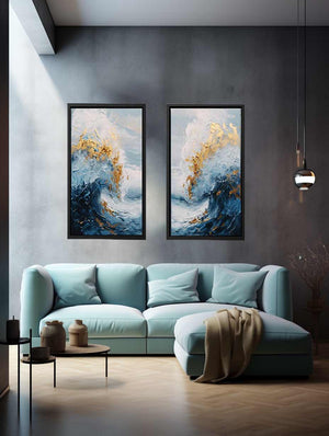 Gold Blue Abstract Waves Painting Set
