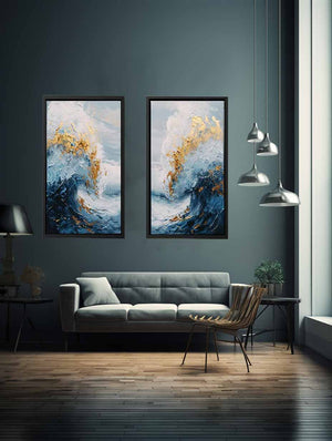 Gold Blue Abstract Waves Painting Set