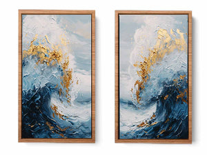 Gold Blue Abstract Waves Painting Set
