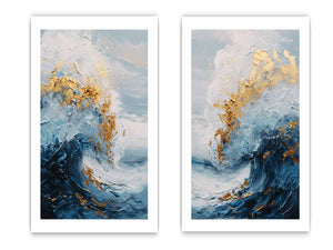 Gold Blue Abstract Waves Painting Set