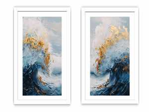 Gold Blue Abstract Waves Painting Set