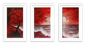 Red Beach Art Painting Set of 3