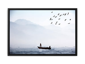 Bird Sea Boat Lake Black and White Painting