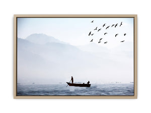 Bird Sea Boat Lake Black and White Painting