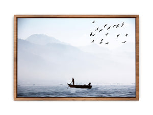 Bird Sea Boat Lake Black and White Painting