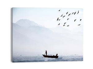 Bird Sea Boat Lake Black and White Painting