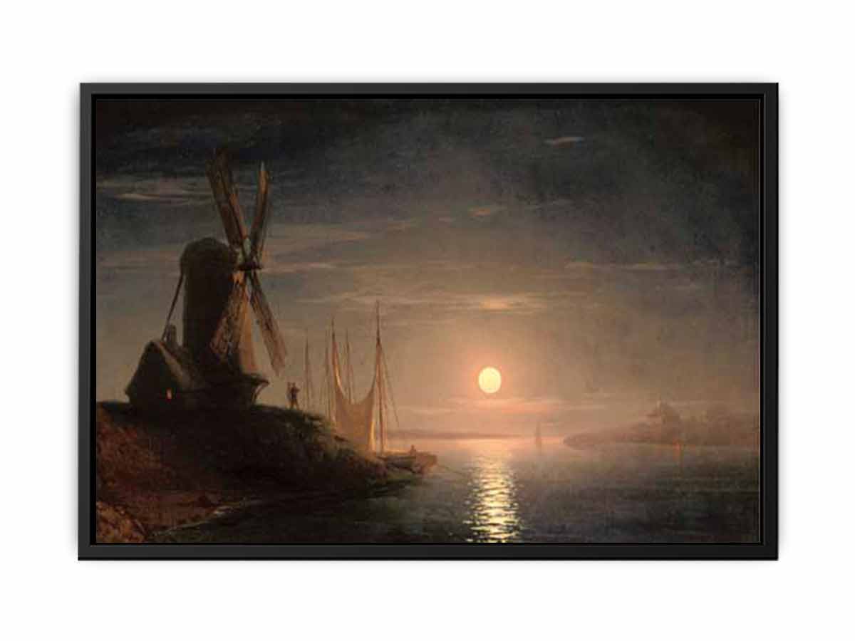 A windmill overlooking a moonlit bay