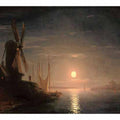 A windmill overlooking a moonlit bay