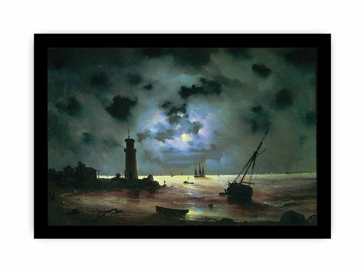 Sea coast at night. Near the beacon