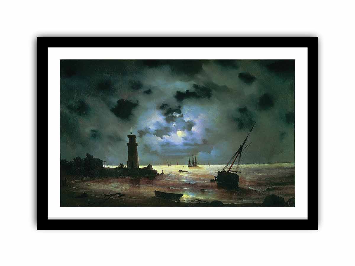 Sea coast at night. Near the beacon