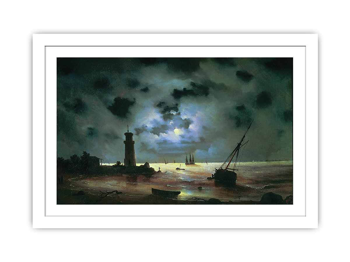 Sea coast at night. Near the beacon