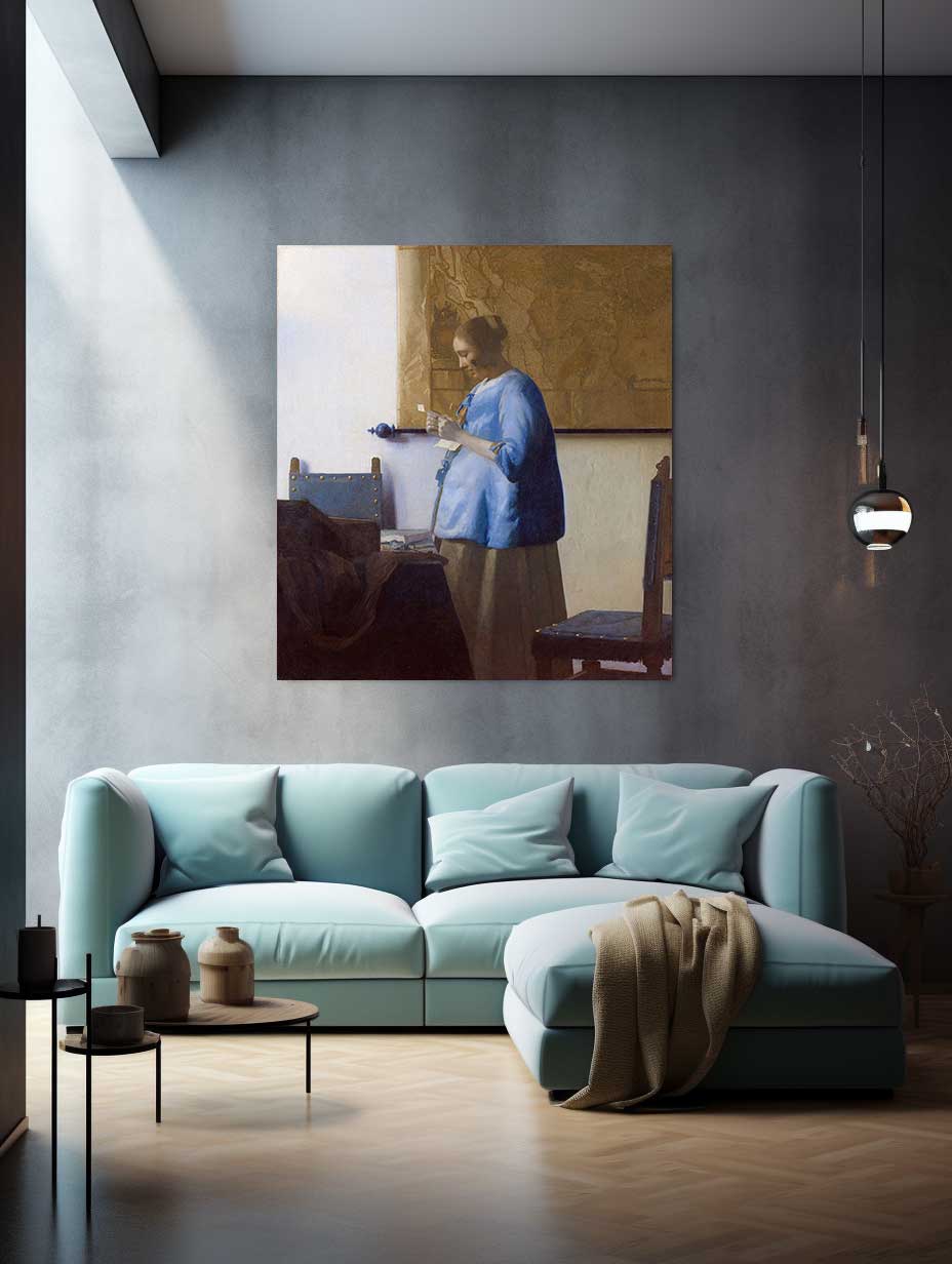 Woman in Blue Reading a Letter