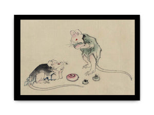 Two mice, one lying on the ground with head resting on forepaws