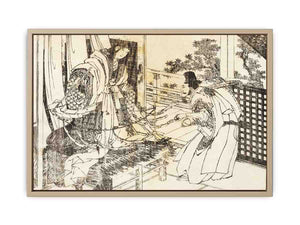 A woman in shinto shrine has a stick with a lot of paper leaves
