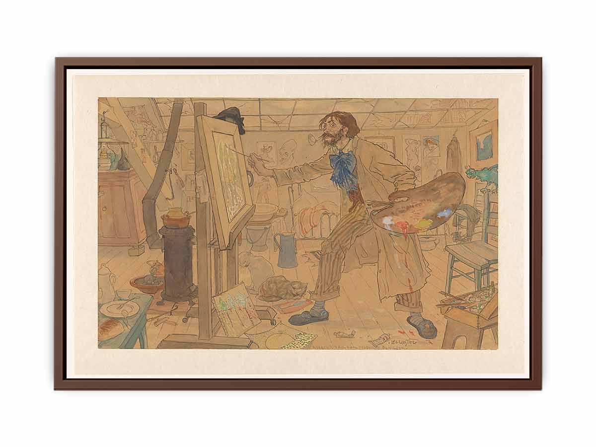 Een enigszins karikaturaal weergegeven schilder ( wsch. Jan Sluyters) werkend in zijn atelier aan een luministisch landschap