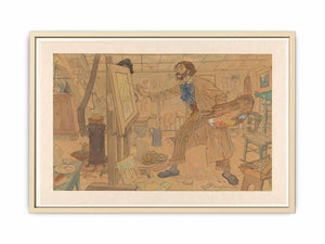 Een enigszins karikaturaal weergegeven schilder ( wsch. Jan Sluyters) werkend in zijn atelier aan een luministisch landschap