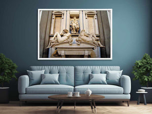tomb monument of Giuliano di Lorenzo de' Medici, ornamented with the Night and Day along with a statue of Giuliano By Michelangelo Buonarroti