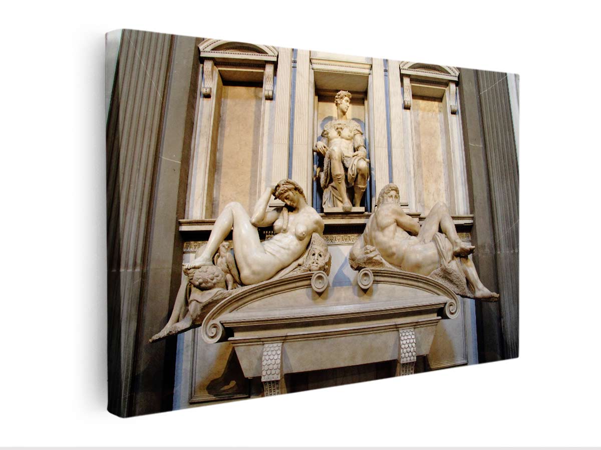 tomb monument of Giuliano di Lorenzo de' Medici, ornamented with the Night and Day along with a statue of Giuliano By Michelangelo Buonarroti