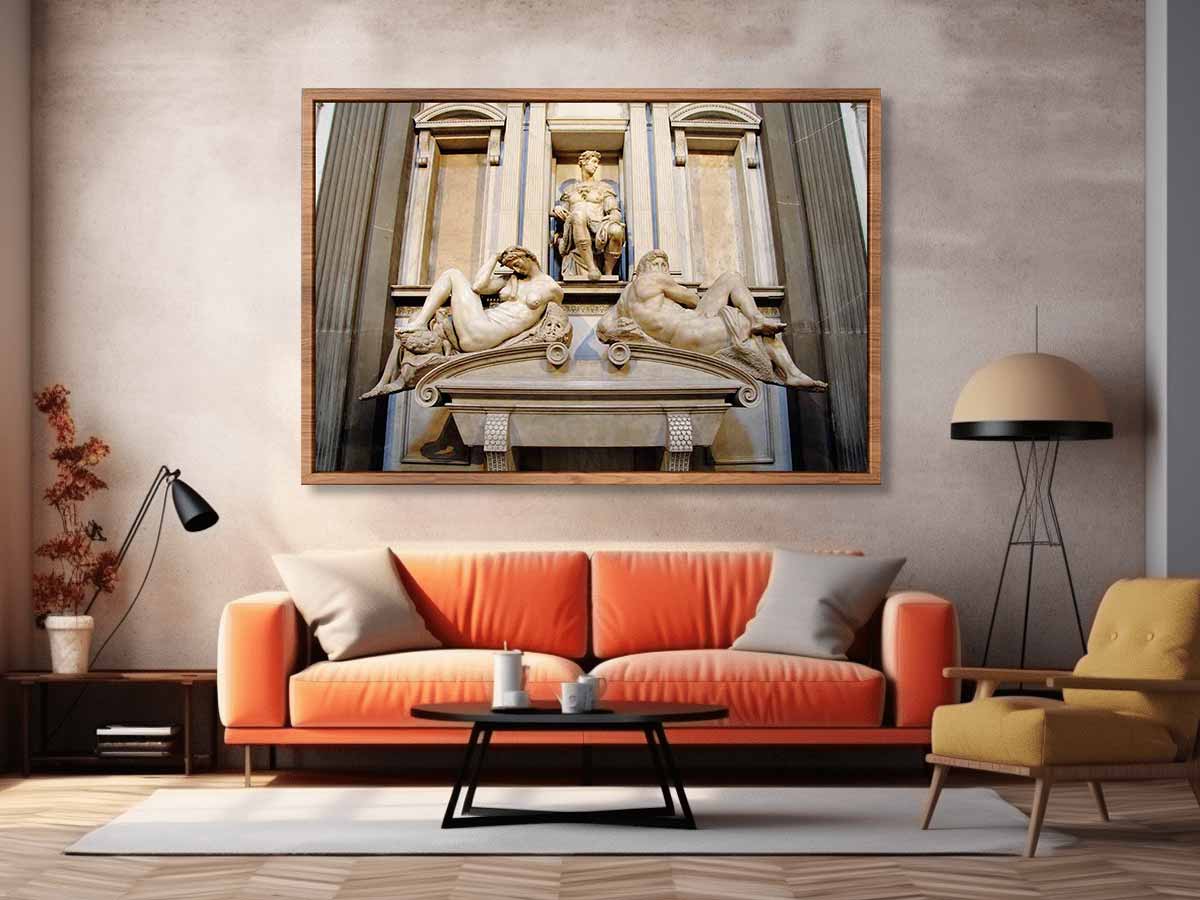 tomb monument of Giuliano di Lorenzo de' Medici, ornamented with the Night and Day along with a statue of Giuliano By Michelangelo Buonarroti