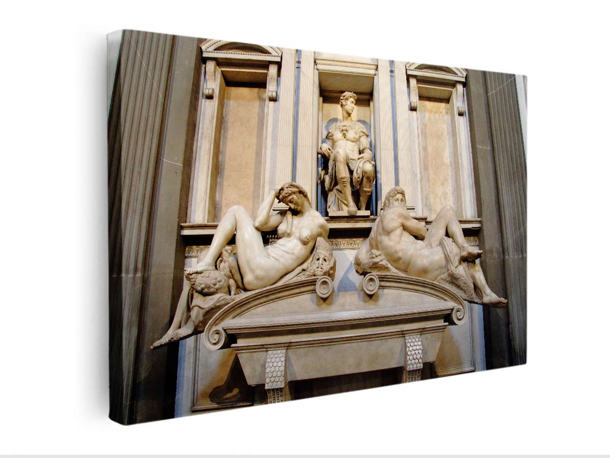 tomb monument of Giuliano di Lorenzo de' Medici, ornamented with the Night and Day along with a statue of Giuliano By Michelangelo Buonarroti