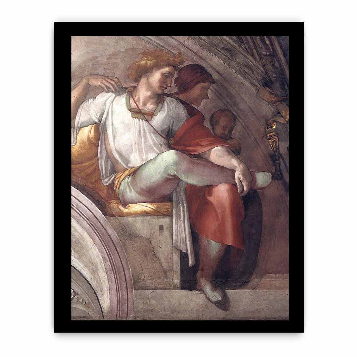 Right part of the "Eleazar and Mathan" lunette (inscribed "ELEAZAR · MATHAN") restored: Eleazar(or Elazar), father of Matt(h)an, and (probably) Eleazar's wife. By Michelangelo Buonarroti