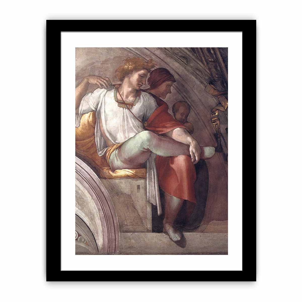 Right part of the "Eleazar and Mathan" lunette (inscribed "ELEAZAR · MATHAN") restored: Eleazar(or Elazar), father of Matt(h)an, and (probably) Eleazar's wife. By Michelangelo Buonarroti